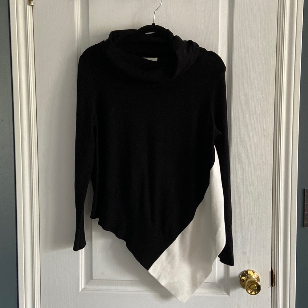 Black & white asymmetrical cowl neck sweater